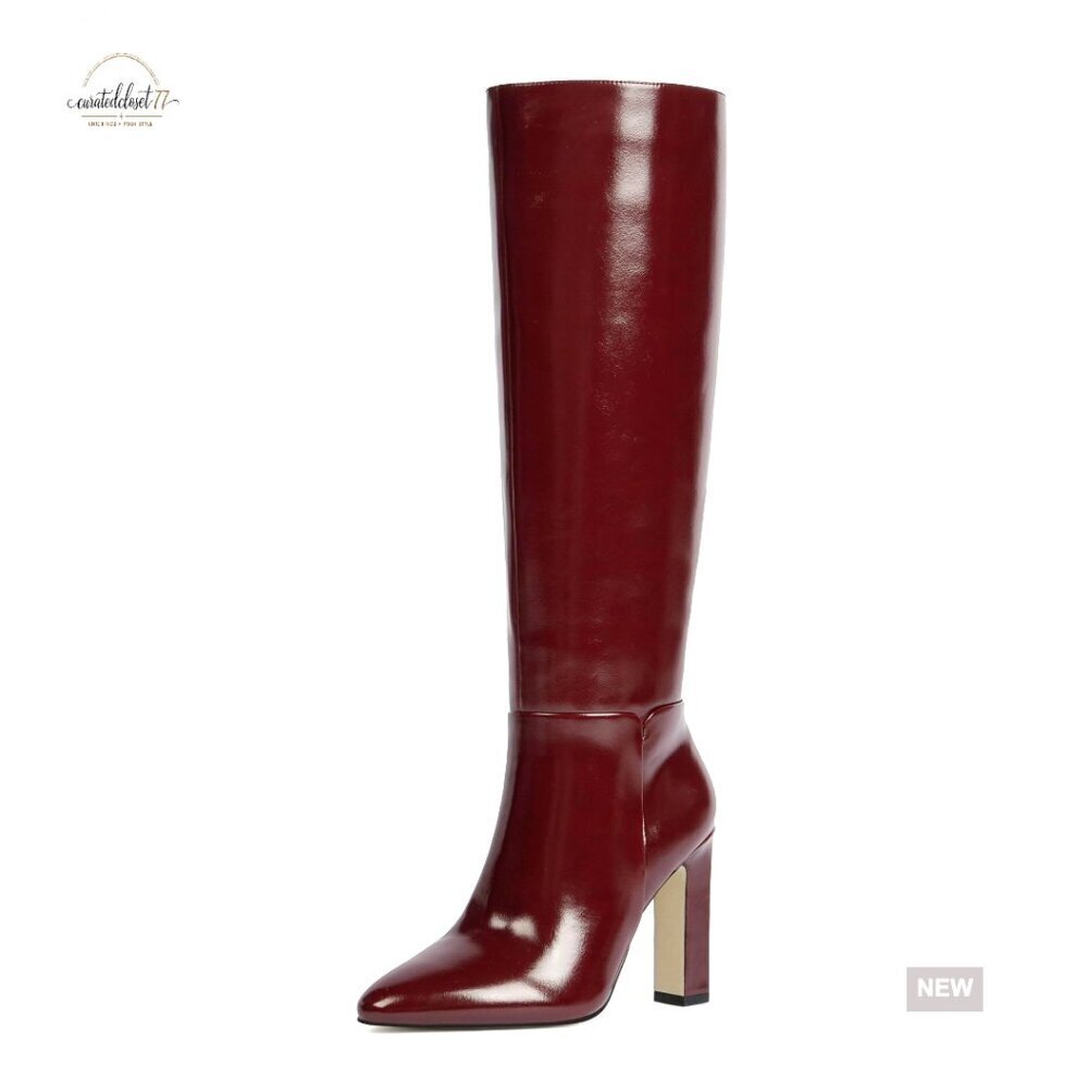 Knee High Boots Almond Toe Chunky Block Heel Side Zipper Faux Leather